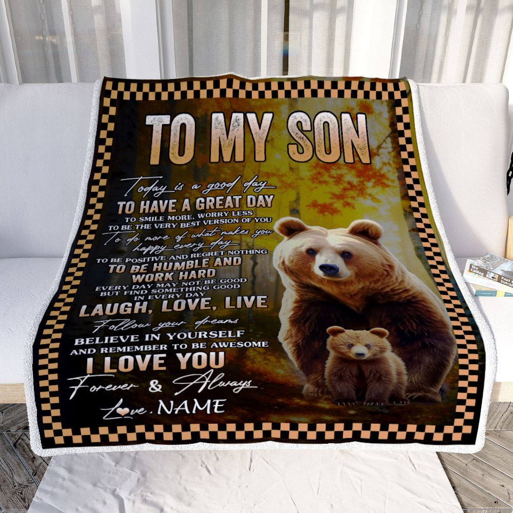 Personalized To My Son Bear Blanket From Mom Dad Mother Every Day Laugh Love Live Son Birthday Gifts Graduation Christmas Customized Fleece Blanket | siriusteestore