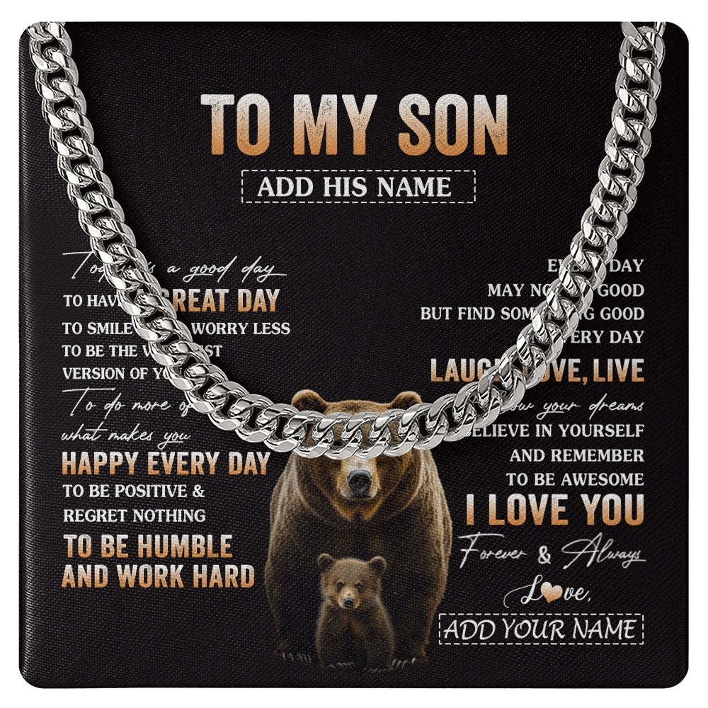 Cuban Link Chain Necklace Stainless Steel | 1 | Personalized To My Son Bear Necklace From Mom Dad Mother Every Day Laugh Love Live Son Birthday Gifts Graduation Christmas Custom Gift Box Message Card | https://siriusteestore.