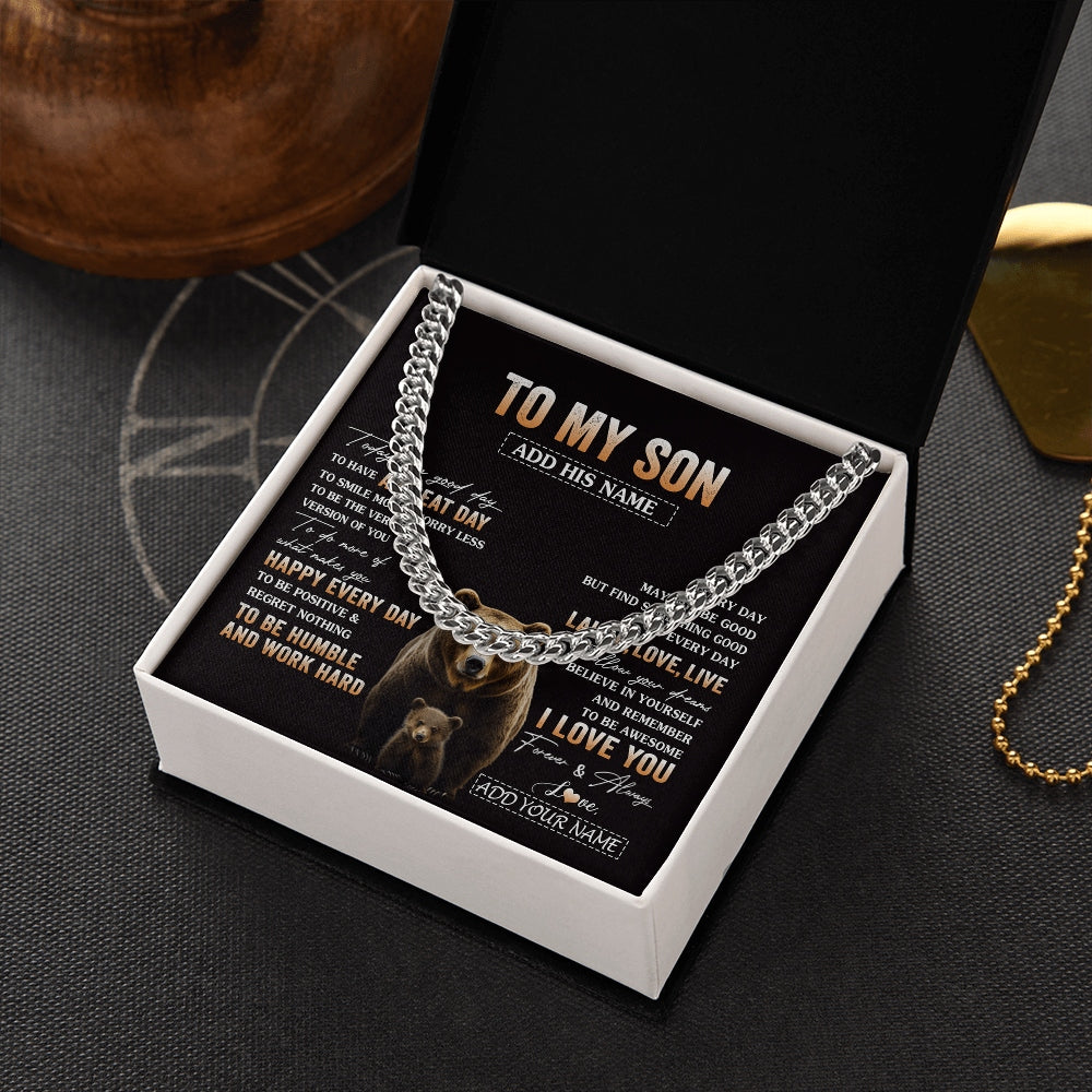 Cuban Link Chain Necklace Stainless Steel | 2 | Personalized To My Son Bear Necklace From Mom Dad Mother Every Day Laugh Love Live Son Birthday Gifts Graduation Christmas Custom Gift Box Message Card | https://siriusteestore.