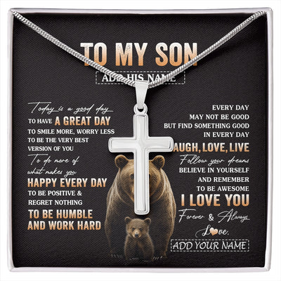 Stainless Cross Necklace Stainless Steel | 1 | Personalized To My Son Bear Necklace From Mom Dad Mother Every Day Laugh Love Live Son Birthday Gifts Graduation Christmas Custom Gift Box Message Card | https://siriusteestore.