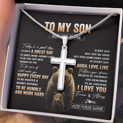 Stainless Cross Necklace Stainless Steel | 2 | Personalized To My Son Bear Necklace From Mom Dad Mother Every Day Laugh Love Live Son Birthday Gifts Graduation Christmas Custom Gift Box Message Card | https://siriusteestore.