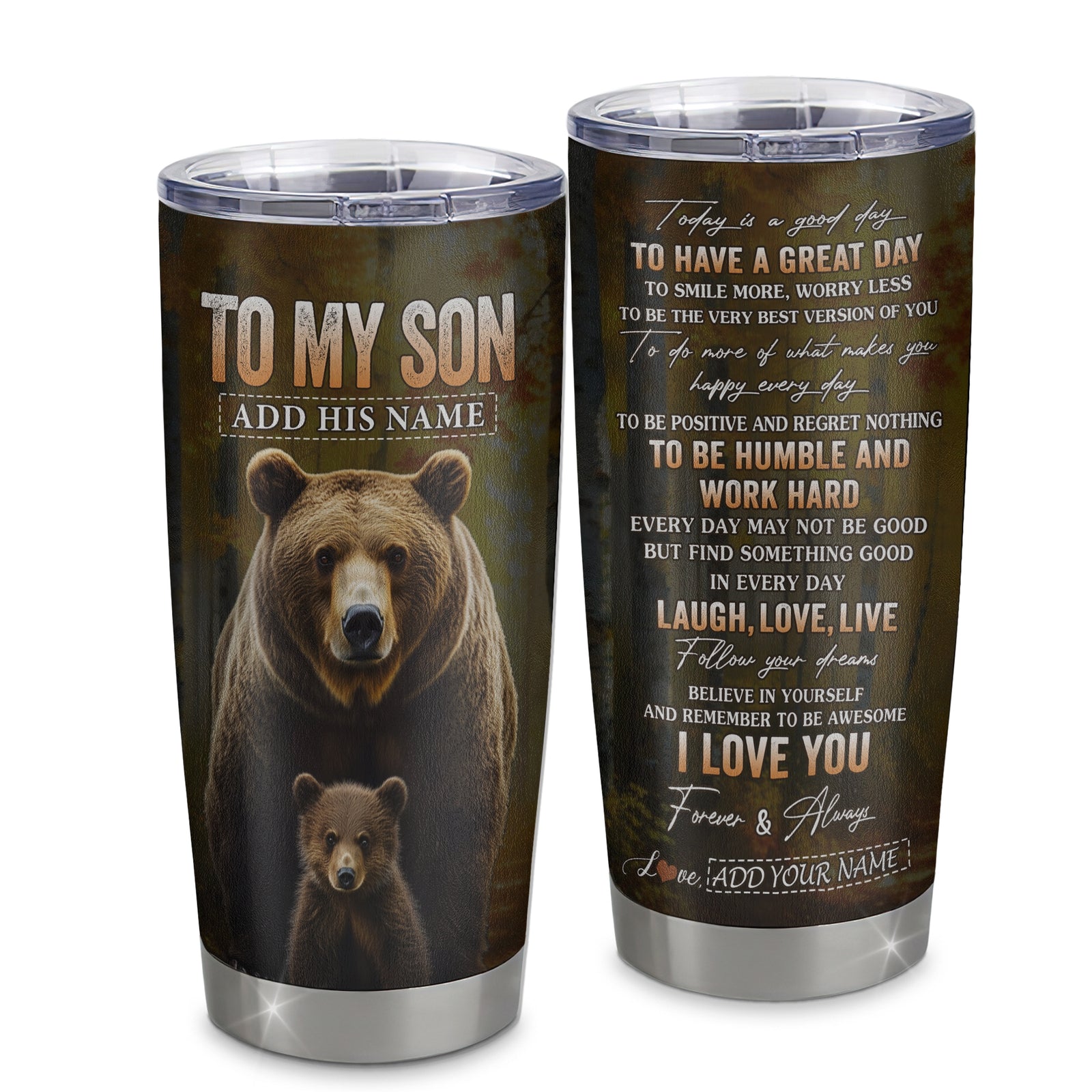 Personalized To My Son Bear Tumbler From Mom Dad Mother Every Day Laugh Love Live Son Birthday Gifts Graduation Christmas Custom Stainless Steel Travel Mug | siriusteestore