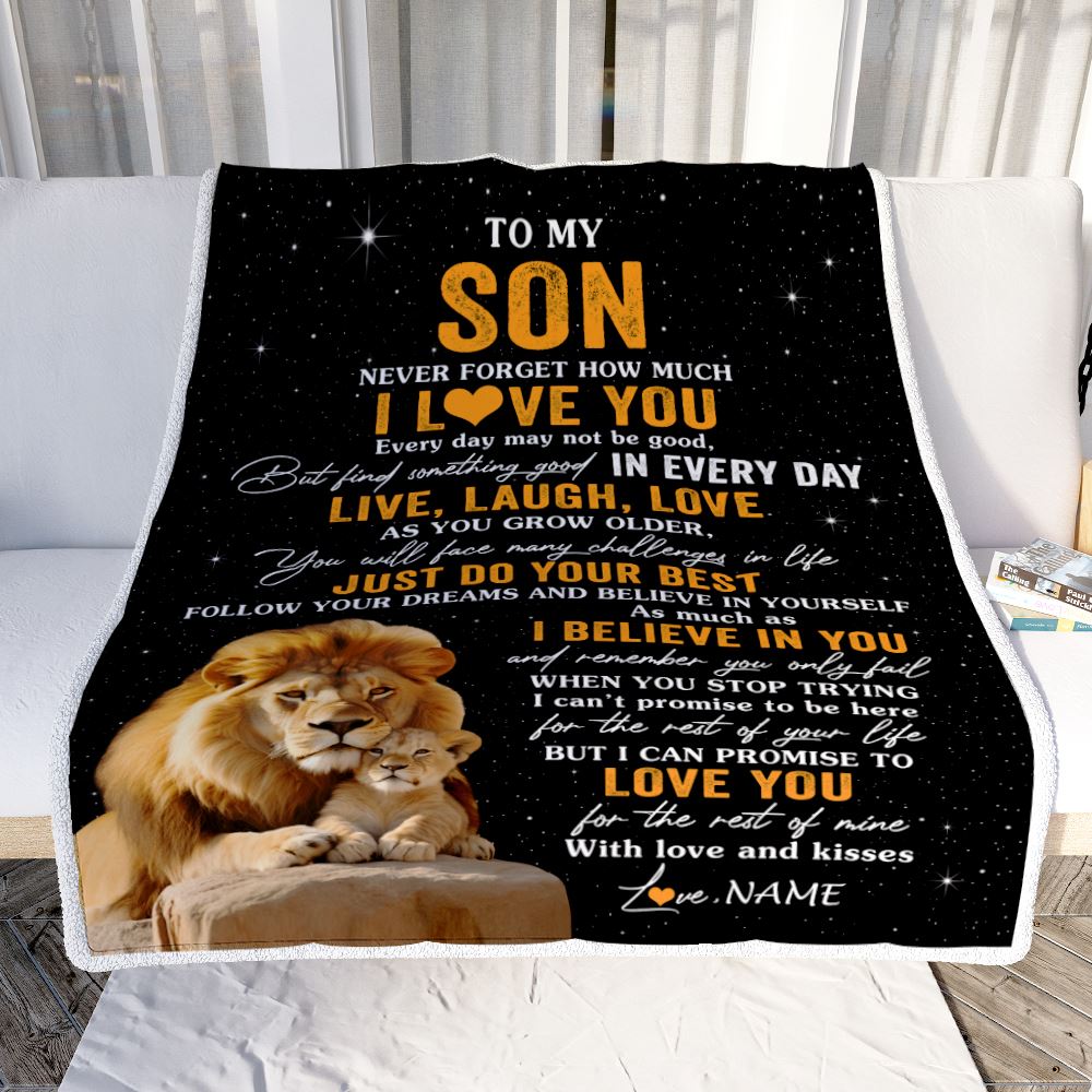Personalized To My Son Blanket From Dad Father Live Laugh Love Lion Son Birthday Gifts Positive Graduation Christmas Customized Bed Fleece Throw Blanket | siriusteestore