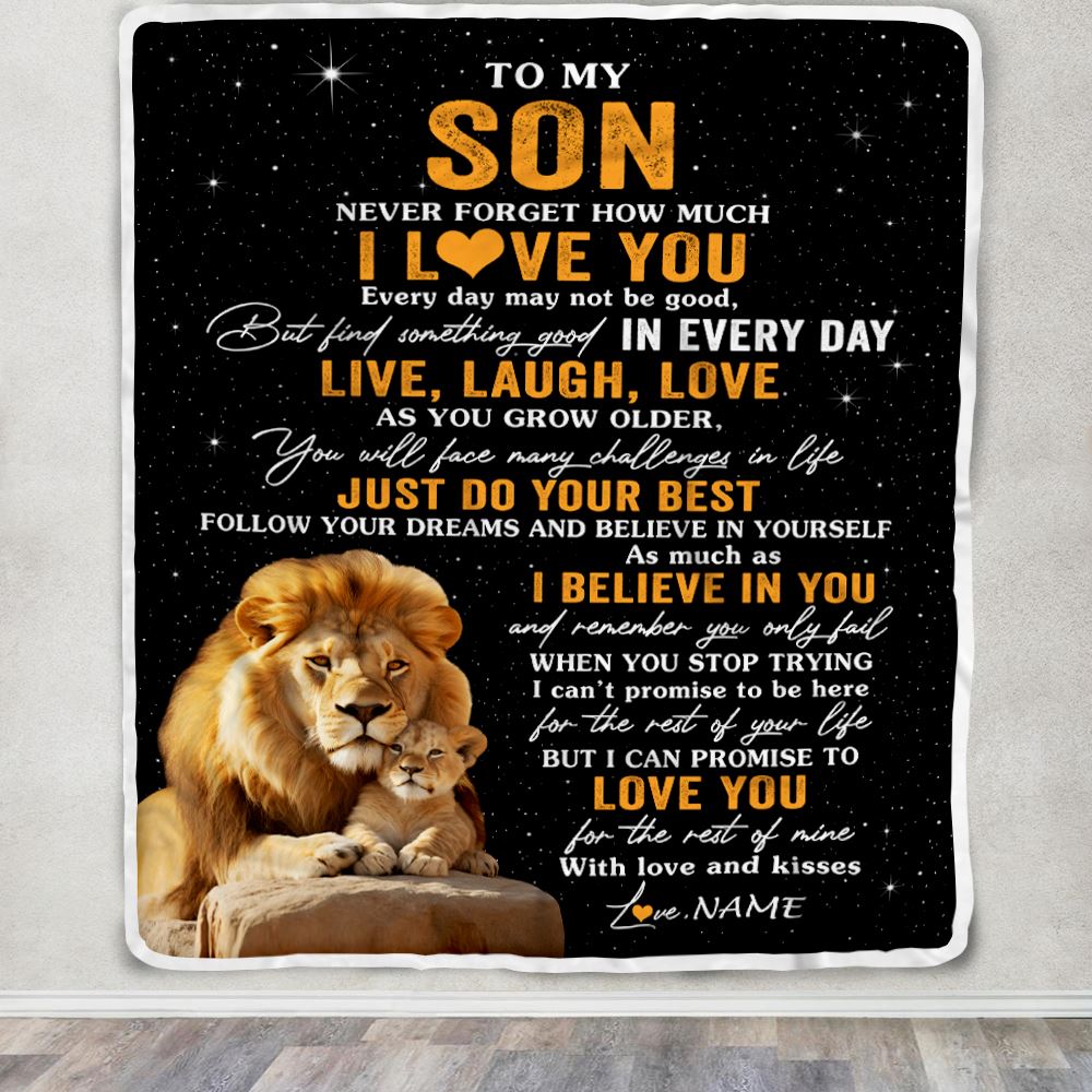 Personalized To My Son Blanket From Dad Father Live Laugh Love Lion Son Birthday Gifts Positive Graduation Christmas Customized Bed Fleece Throw Blanket | siriusteestore