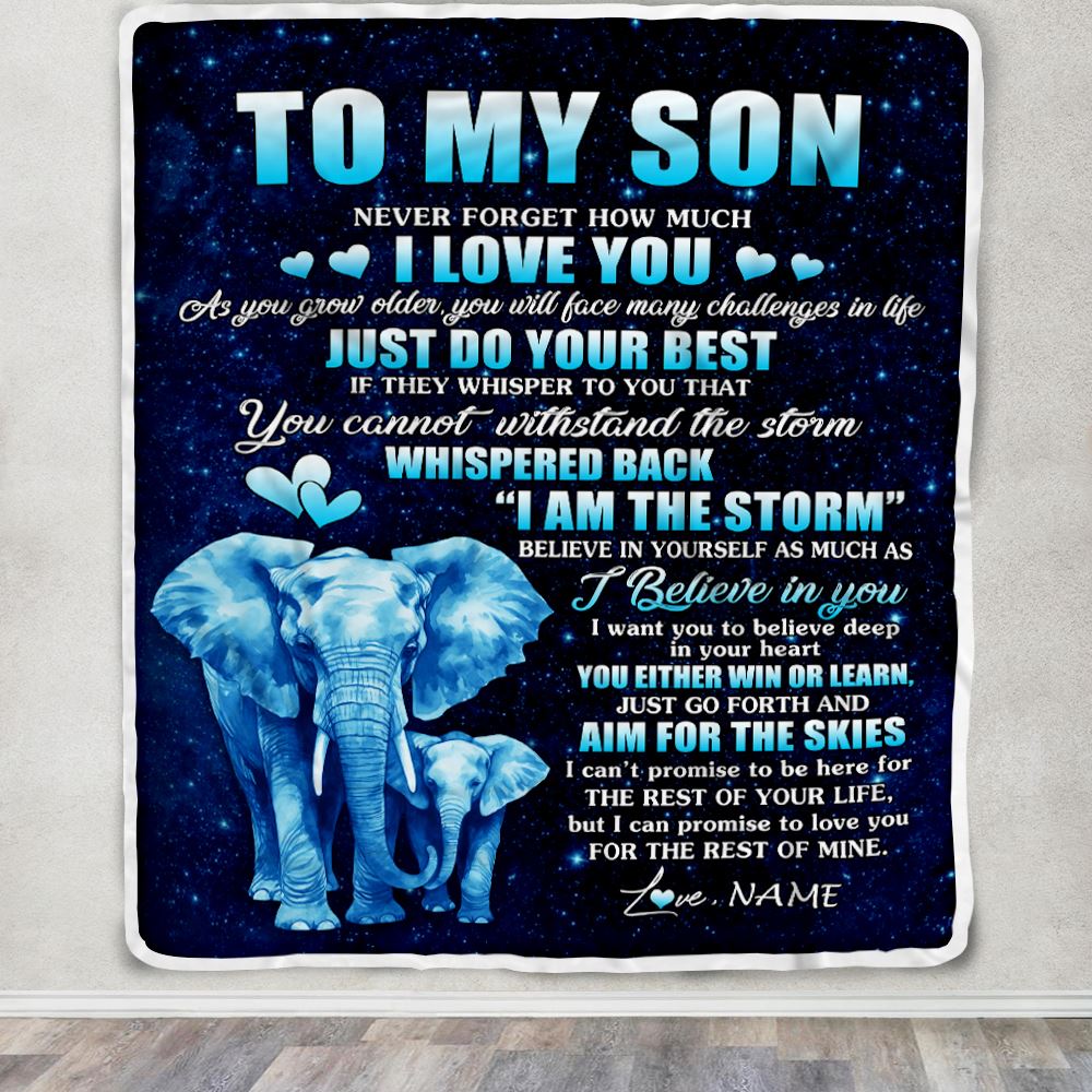 Personalized To My Son Blanket From Mom Dad Father Elephant Never Forget I Love You Son Birthday Gifts Graduation Christmas Customized Bed Fleece Blanket | siriusteestore