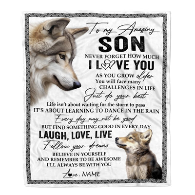 Personalized To My Son Blanket From Mom Dad Just Do You Best Laugh Love Live Wolf Son Birthday Graduation Christmas Customized Bed Fleece Throw Blanket | siriusteestore