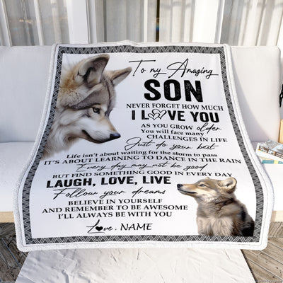 Personalized To My Son Blanket From Mom Dad Just Do You Best Laugh Love Live Wolf Son Birthday Graduation Christmas Customized Bed Fleece Throw Blanket | siriusteestore