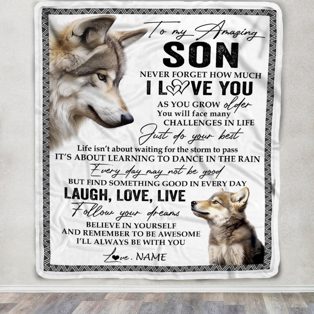 Personalized To My Son Blanket From Mom Dad Just Do You Best Laugh Love Live Wolf Son Birthday Graduation Christmas Customized Bed Fleece Throw Blanket | siriusteestore