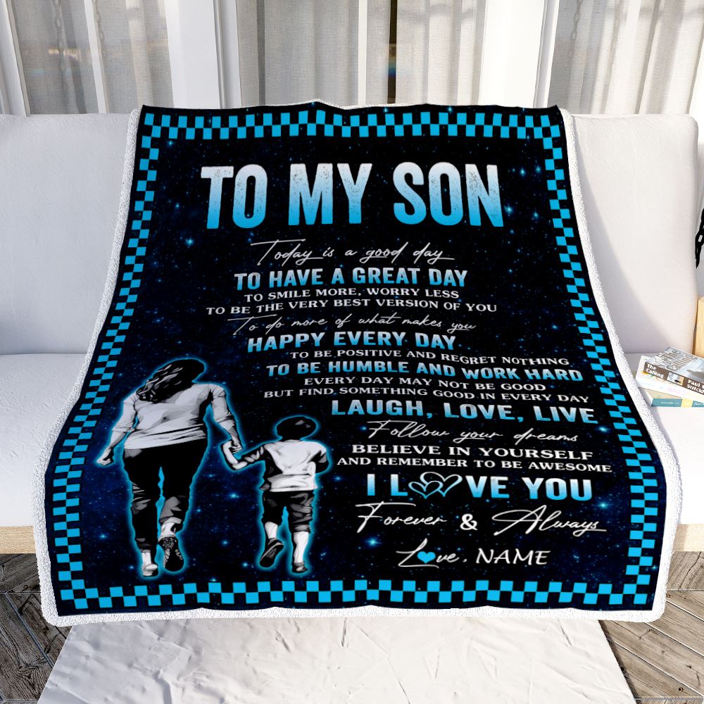Personalized To My Son Blanket From Mom Dad Mother Every Day Laugh Love Live Mom Son Birthday Gifts Graduation Christmas Customized Fleece Throw Blanket | siriusteestore