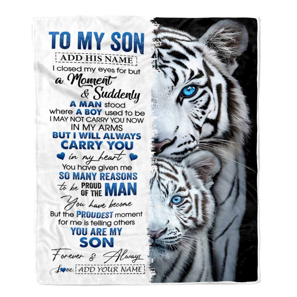 Personalized To My Son Blanket From Mom Dad Mother Father I Close My Eyes White Tiger Son Birthday Gifts Graduation Christmas Custom Fleece Throw Blanket | siriusteestore