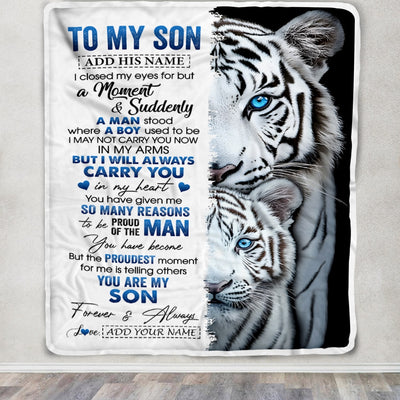 Personalized To My Son Blanket From Mom Dad Mother Father I Close My Eyes White Tiger Son Birthday Gifts Graduation Christmas Custom Fleece Throw Blanket | siriusteestore