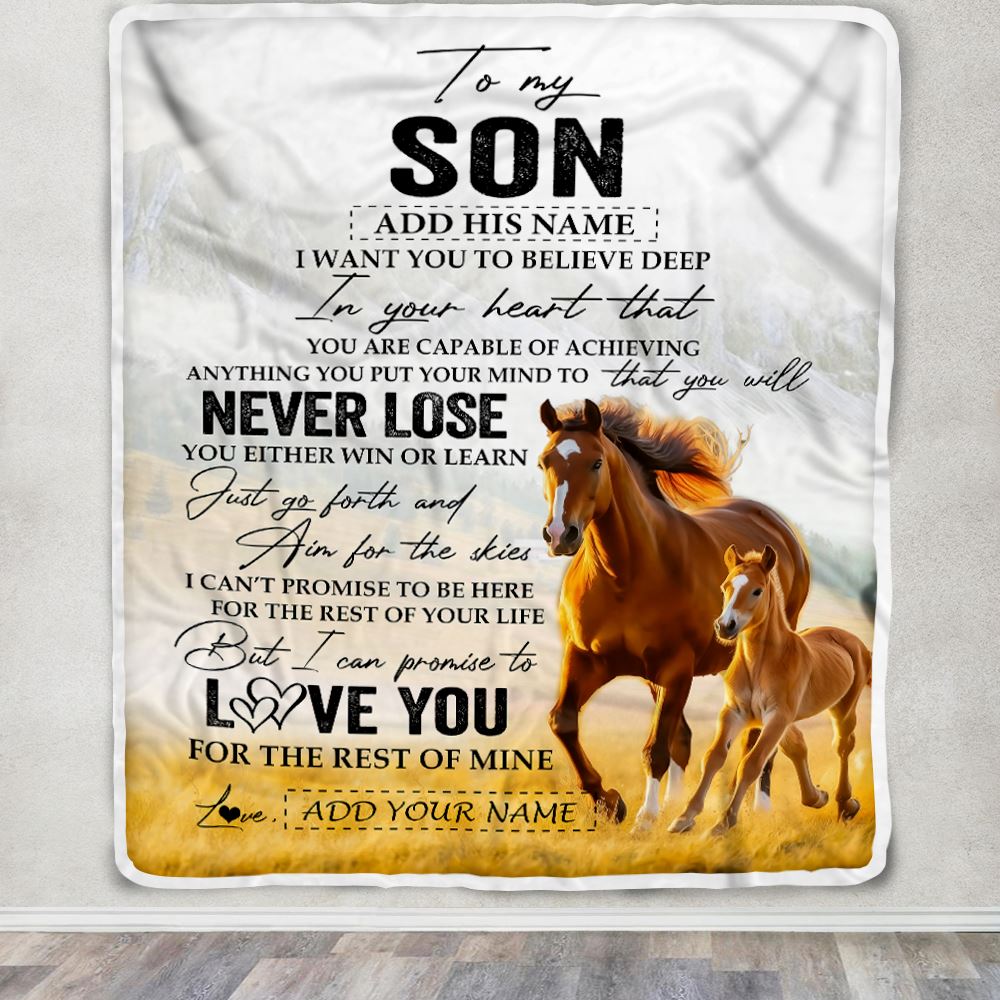 Personalized To My Son Blanket From Mom Dad Mother Father You Will Never Lose Horse Son Birthday Gifts Graduation Christmas Customized Fleece Throw Blanket | siriusteestore