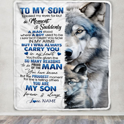 Personalized To My Son Blanket From Mom Dad Mother I Close My Eyes For But A Moment Wolf Son Birthday Graduation Christmas Customized Gift Fleece Blanket | siriusteestore