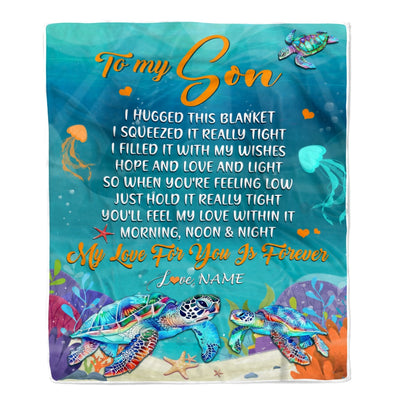 Personalized To My Son Blanket From Mom Dad Mother I Hugged This Blanket Turtle Beach Son Birthday Thanksgiving Christmas Customized Bed Fleece Blanket | siriusteestore