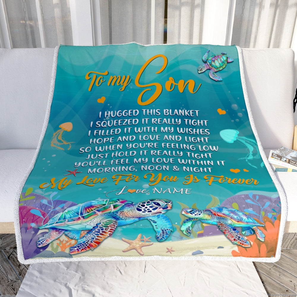 Personalized To My Son Blanket From Mom Dad Mother I Hugged This Blanket Turtle Beach Son Birthday Thanksgiving Christmas Customized Bed Fleece Blanket | siriusteestore