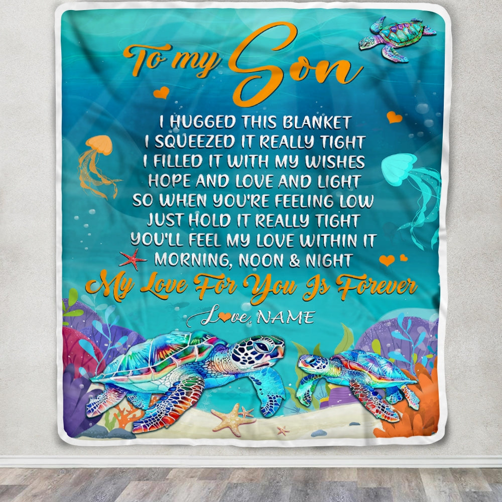 Personalized To My Son Blanket From Mom Dad Mother I Hugged This Blanket Turtle Beach Son Birthday Thanksgiving Christmas Customized Bed Fleece Blanket | siriusteestore