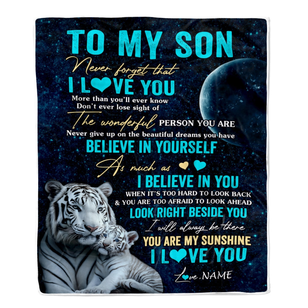 Personalized To My Son Blanket From Mom Dad Mother Never Forget I Love You White Tiger Son Birthday Graduation Christmas Customized Bed Fleece Throw Blanket | siriusteestore