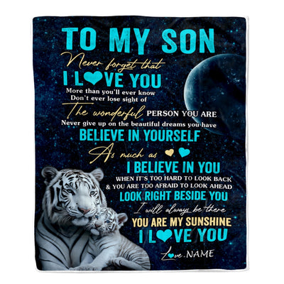 Personalized To My Son Blanket From Mom Dad Mother Never Forget I Love You White Tiger Son Birthday Graduation Christmas Customized Bed Fleece Throw Blanket | siriusteestore