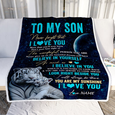 Personalized To My Son Blanket From Mom Dad Mother Never Forget I Love You White Tiger Son Birthday Graduation Christmas Customized Bed Fleece Throw Blanket | siriusteestore