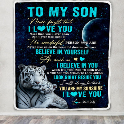 Personalized To My Son Blanket From Mom Dad Mother Never Forget I Love You White Tiger Son Birthday Graduation Christmas Customized Bed Fleece Throw Blanket | siriusteestore