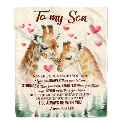 Personalized To My Son Blanket From Mom Dad Mother Never Forget Who Are You Giraffe Son Birthday Graduation Christmas Customized Fleece Throw Blanket | siriusteestore
