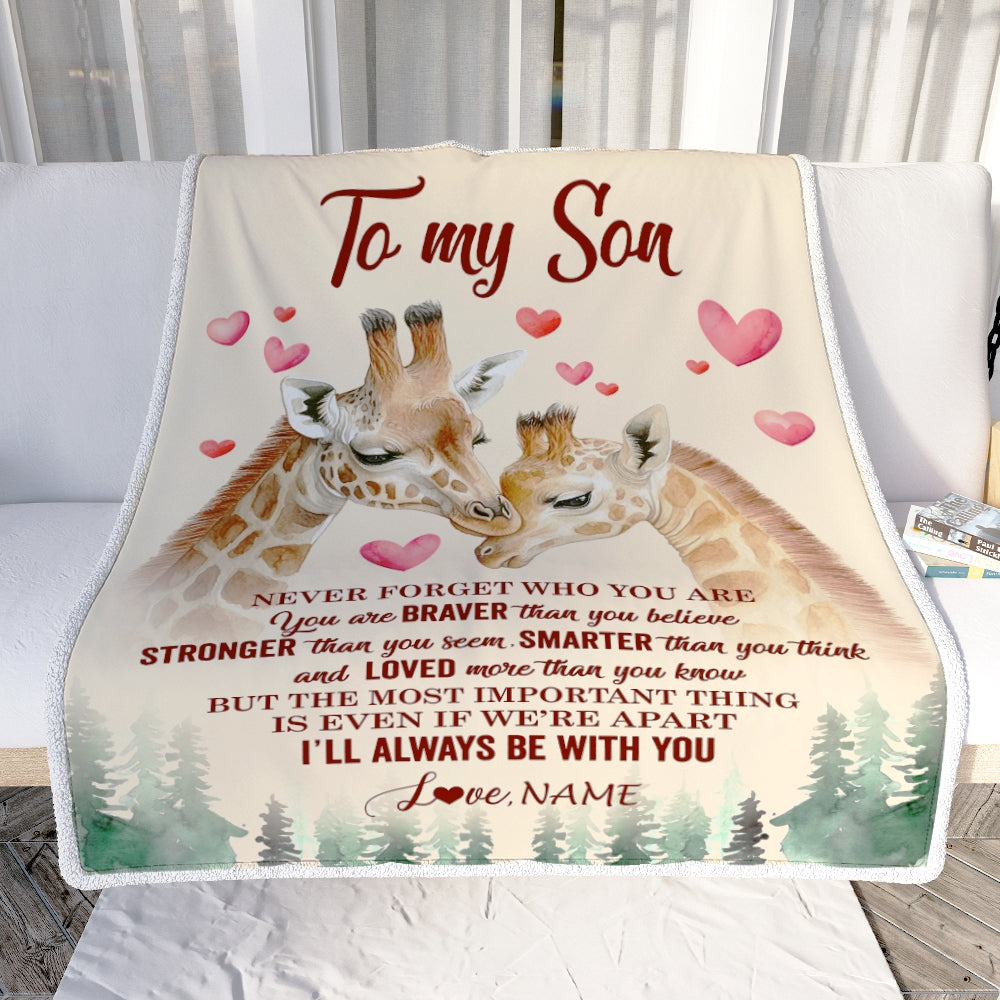 Personalized To My Son Blanket From Mom Dad Mother Never Forget Who Are You Giraffe Son Birthday Graduation Christmas Customized Fleece Throw Blanket | siriusteestore