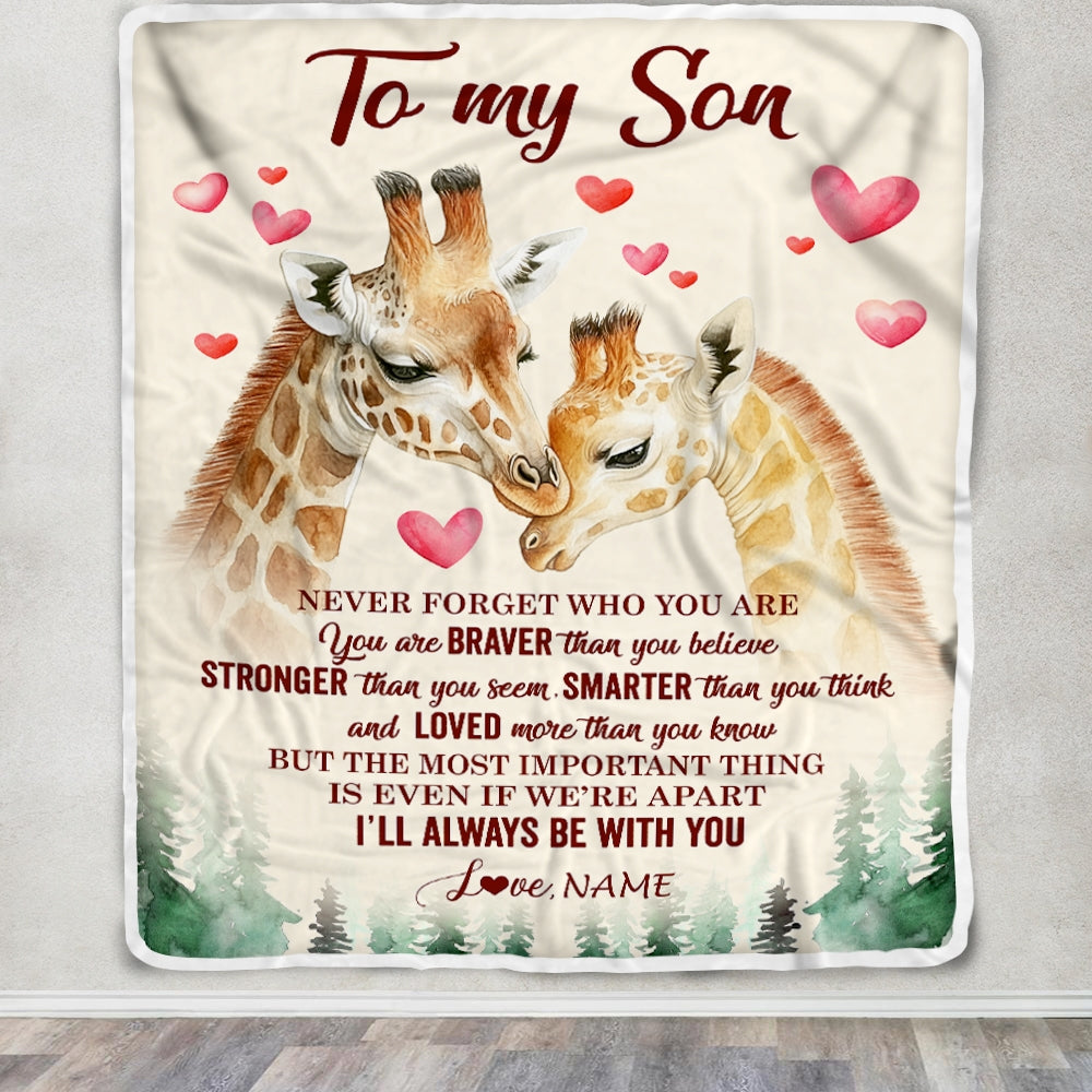 Personalized To My Son Blanket From Mom Dad Mother Never Forget Who Are You Giraffe Son Birthday Graduation Christmas Customized Fleece Throw Blanket | siriusteestore