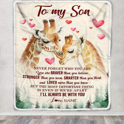 Personalized To My Son Blanket From Mom Dad Mother Never Forget Who Are You Giraffe Son Birthday Graduation Christmas Customized Fleece Throw Blanket | siriusteestore