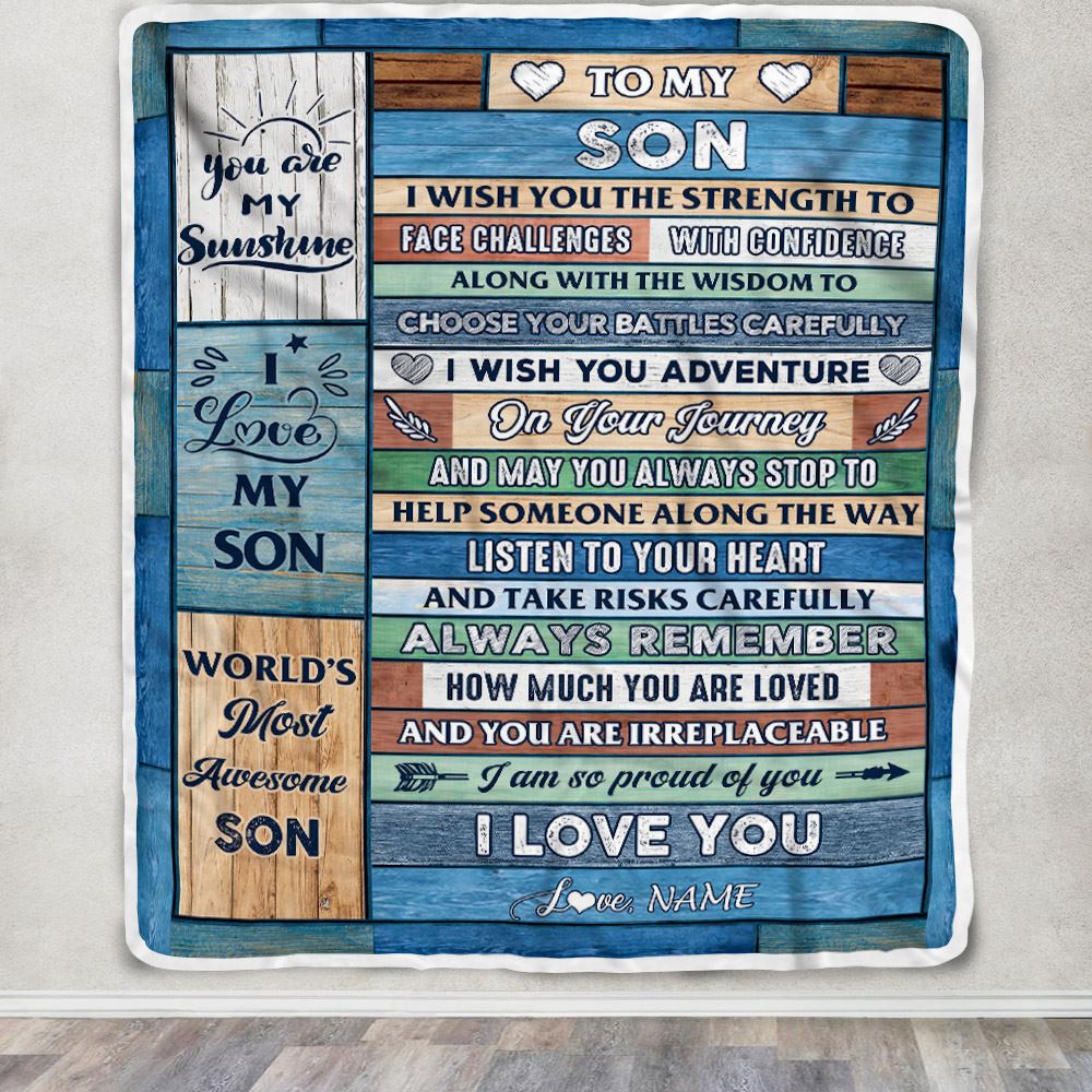 Personalized To My Son Blanket From Mom Dad Mother Wood I Am So Proud Of You I Love You Son Birthday Graduation Christmas Customized Fleece Throw Blanket | siriusteestore