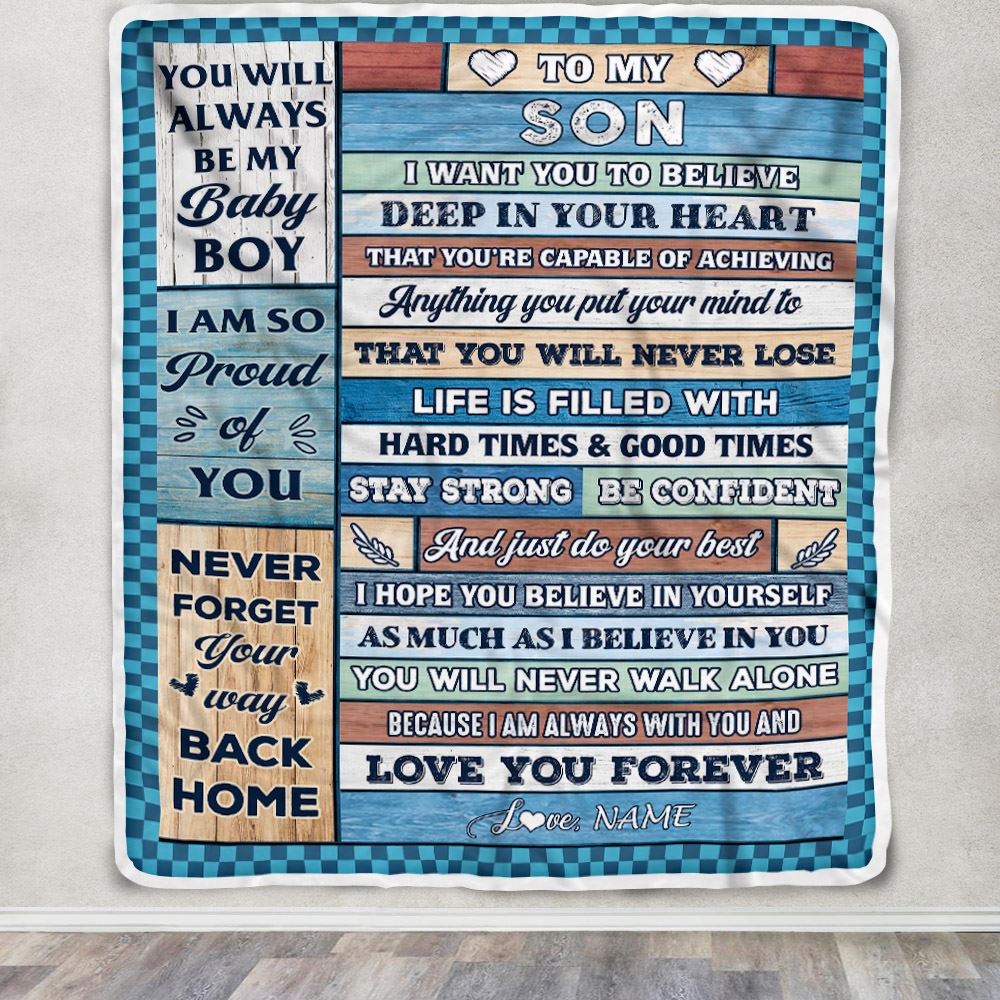 Personalized To My Son Blanket From Mom Dad Wood Gifts For Son Going To College Son Birthday Graduation Christmas Customized Gift Fleece Throw Blanket | siriusteestore