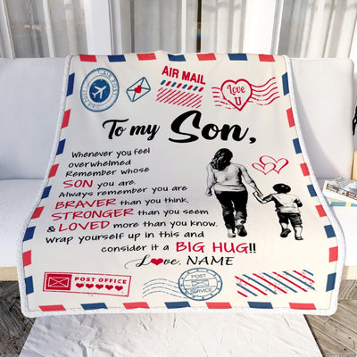 Personalized To My Son Blanket From Mom Mother Braver Stronger Loved Airmail Son Birthday Graduation Christmas Customized Bed Fleece Throw Blanket | siriusteestore