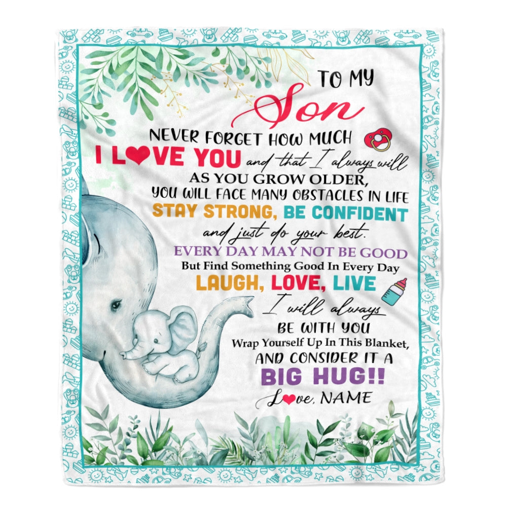 Personalized To My Son Blanket From Mom Mother Never Forget I Love You Elephant Baby Boy Son Birthday Christmas Customized Bed Fleece Throw Blanket | siriusteestore