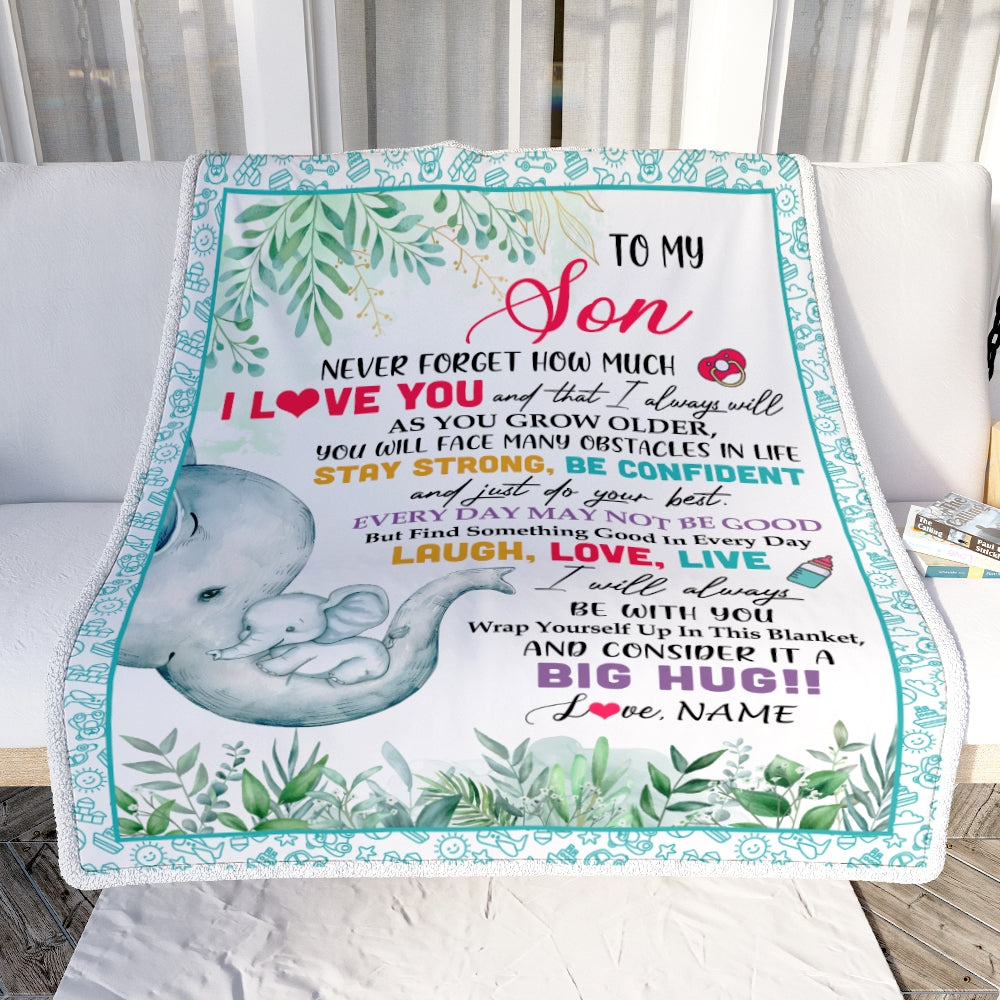 Personalized To My Son Blanket From Mom Mother Never Forget I Love You Elephant Baby Boy Son Birthday Christmas Customized Bed Fleece Throw Blanket | siriusteestore