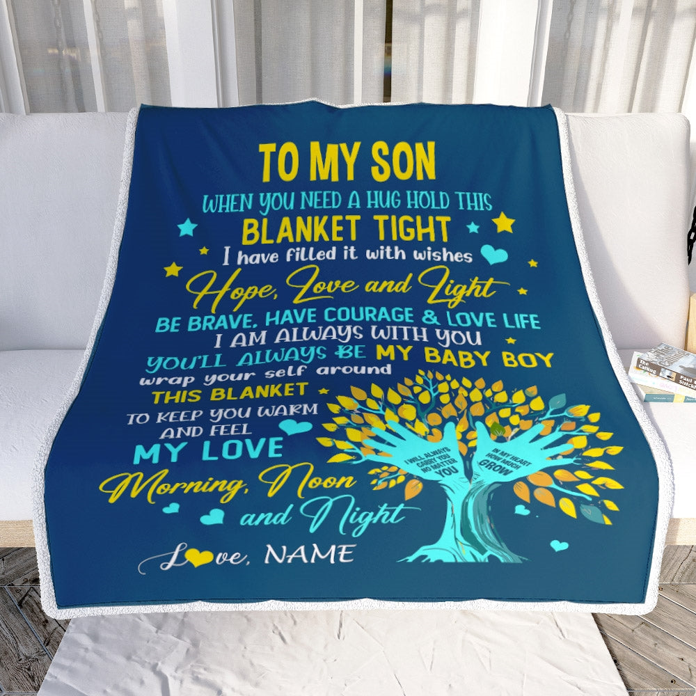 Personalized To My Son Blanket From Mom Mother When You Need A Hug Baby Boy Son Birthday Graduation Christmas Customized Bed Fleece Throw Blanket | siriusteestore