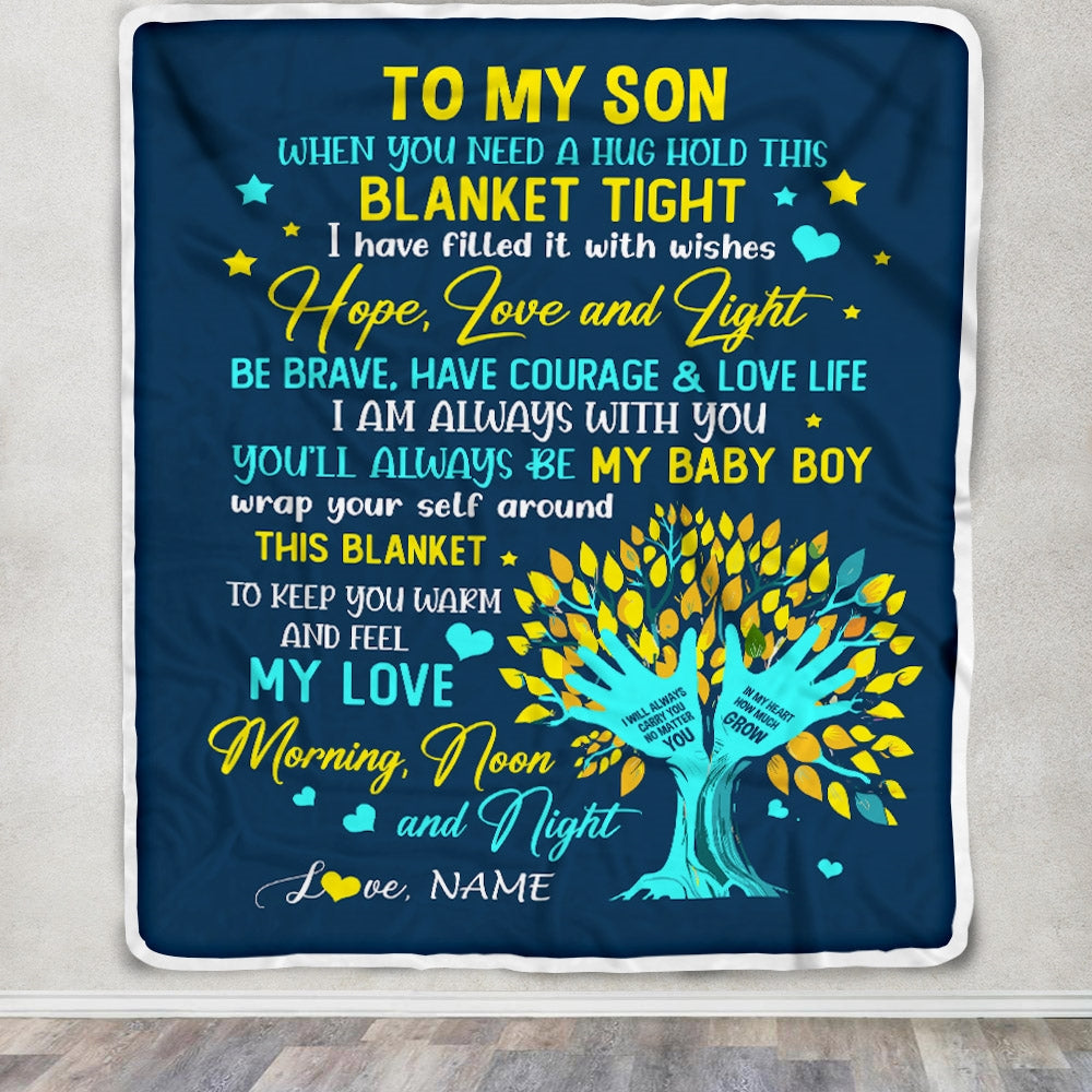 Personalized To My Son Blanket From Mom Mother When You Need A Hug Baby Boy Son Birthday Graduation Christmas Customized Bed Fleece Throw Blanket | siriusteestore