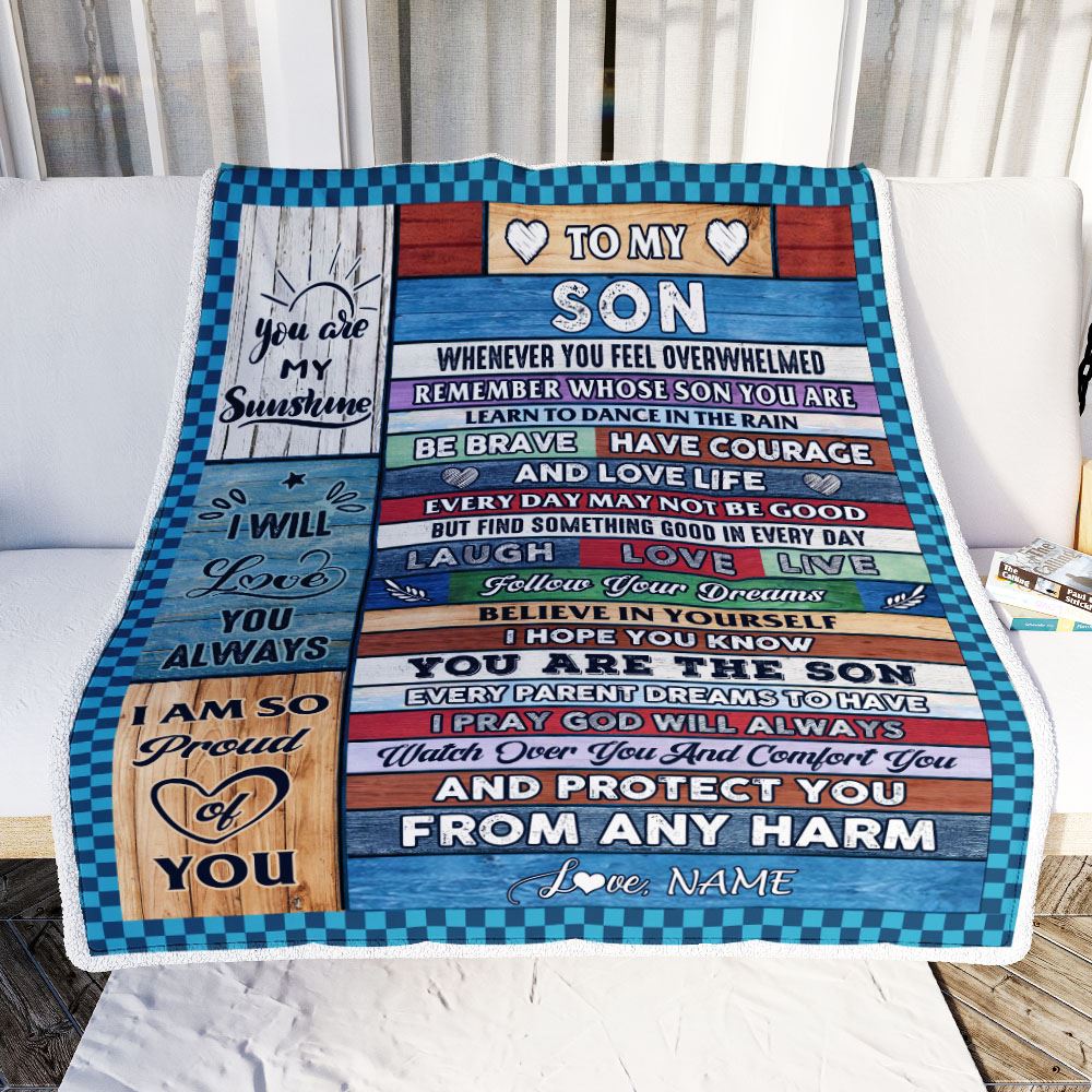 Personalized To My Son Blanket From Mom Mother Wood Whenever You Feel Overwhelmed Son Birthday Wedding Graduation Christmas Customized Fleece Blanket | siriusteestore