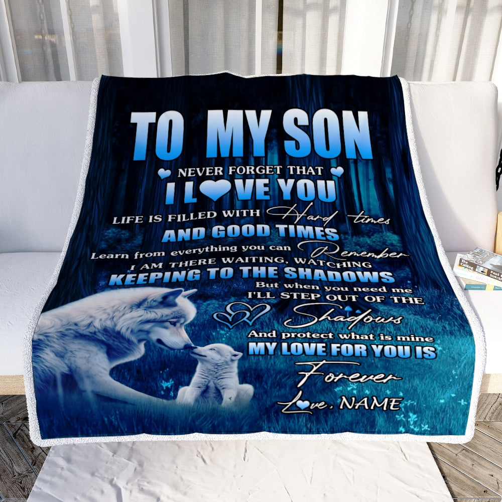 Personalized To My Son Blanket From Mom Wolf Never Forget That I Love You Moon Dark Forest Family Son Birthday Christmas Customized Fleece Blanket | siriusteestore