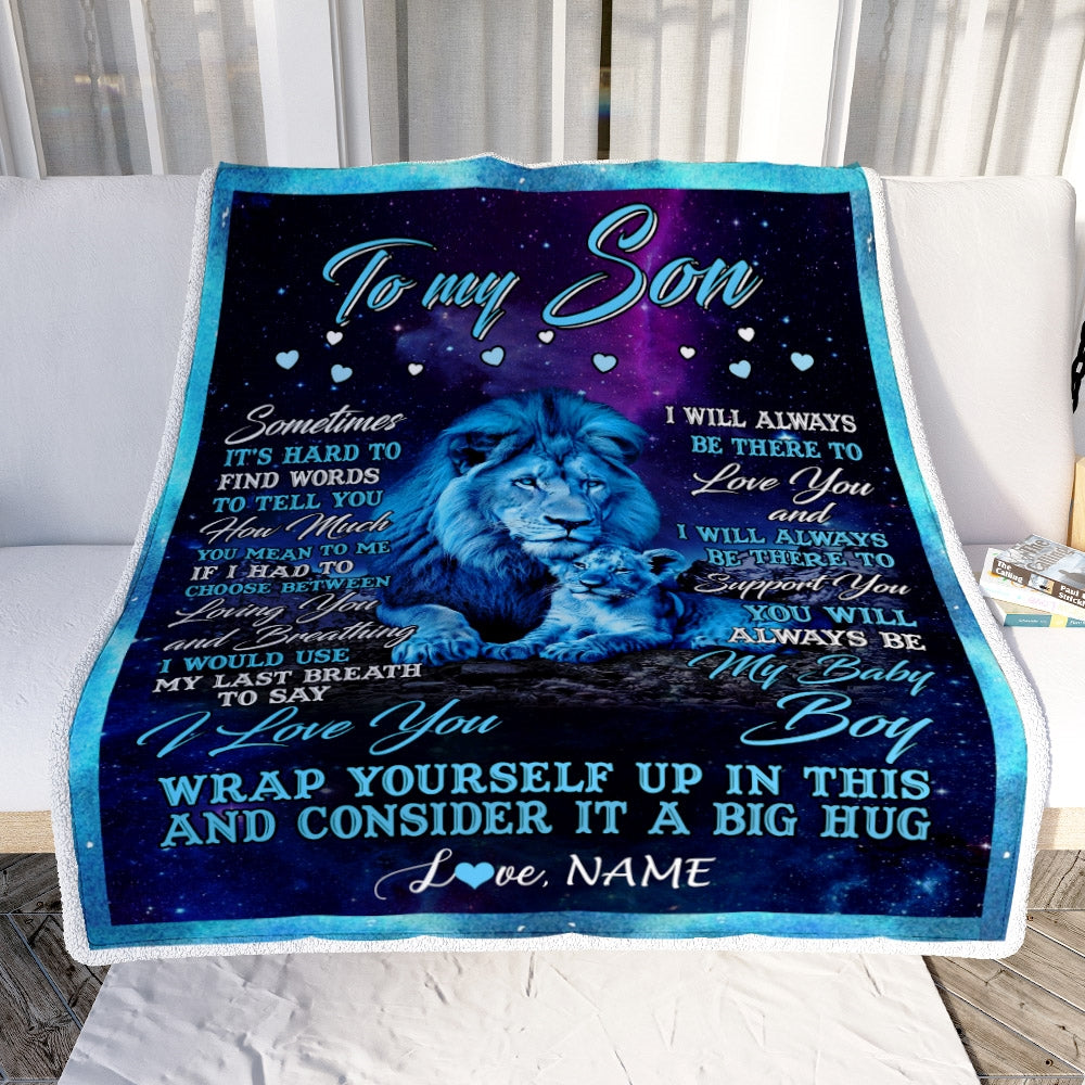 Personalized To My Son Blanket from Dad Lion Sometimes It's Hard to Find Words Son Birthday Christmas Customized Fleece Blanket | siriusteestore