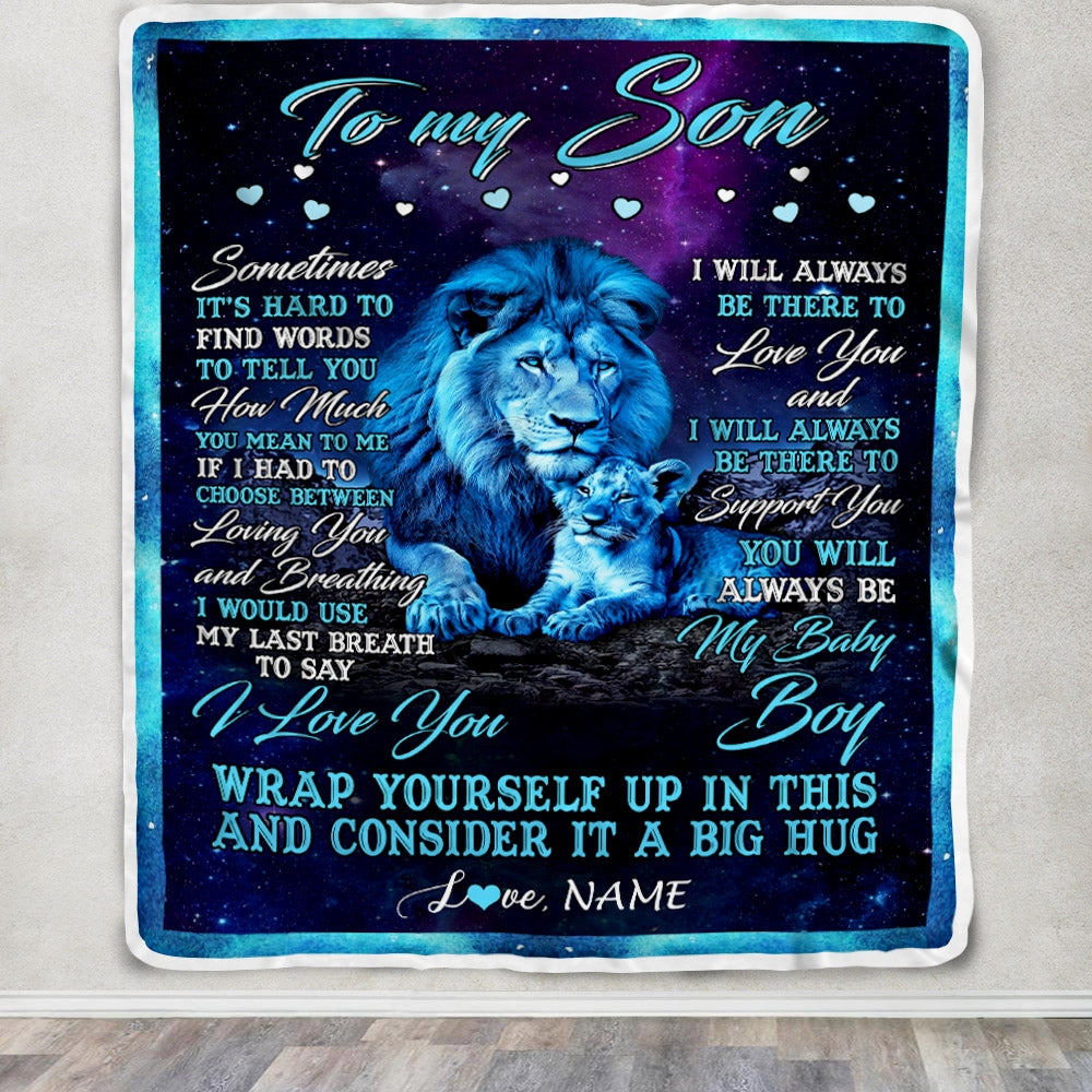 Personalized To My Son Blanket from Dad Lion Sometimes It's Hard to Find Words Son Birthday Christmas Customized Fleece Blanket | siriusteestore
