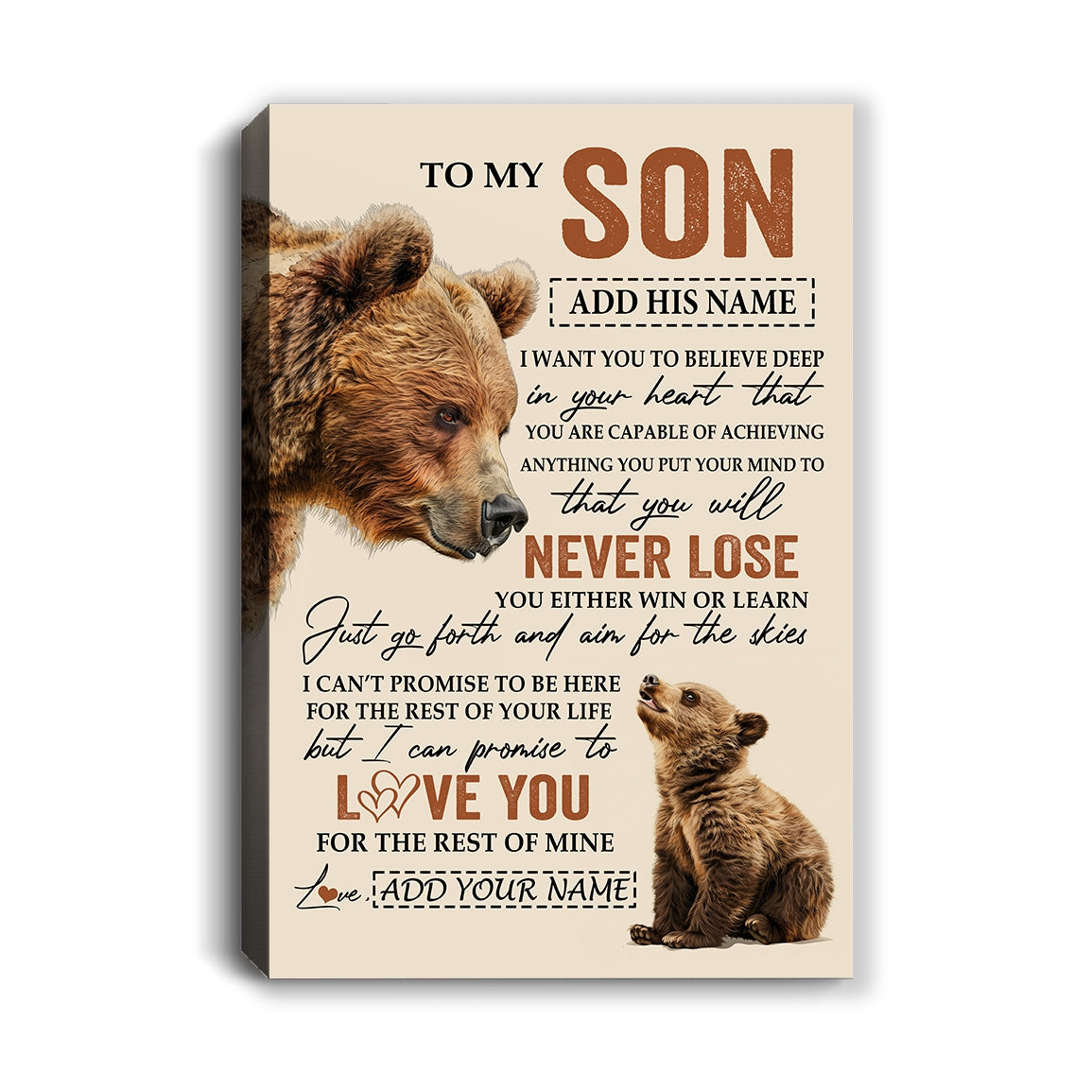 Personalized To My Son Canvas From Mom Dad Father You Will Never Lose Bear Son Birthday Gifts Graduation Christmas Custom Wall Art Print Framed Canvas | siriusteestore