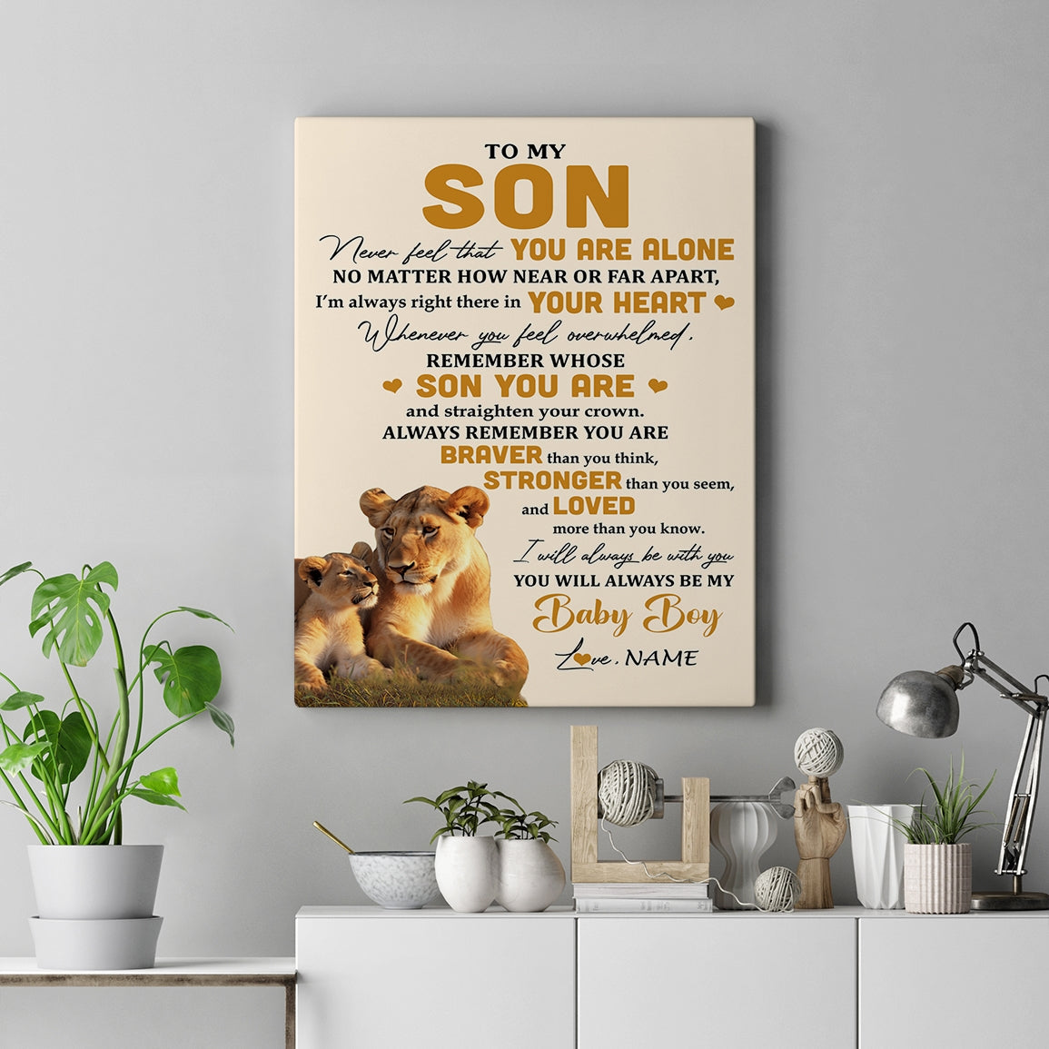 Personalized To My Son Canvas From Mom Mother Lion Never Feel That You Are Alone Great Son Birthday Gifts Graduation Christmas Custom Wall Art Print Framed Canvas | siriusteestore