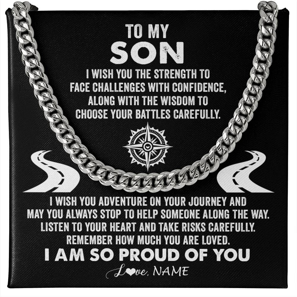 Cuban Link Chain Necklace Stainless Steel | Personalized To My Son Cuban Necklace From Mom Dad Father I Wish You The Strength Son Birthday Graduation Inspirational Customized Gift Box Message Card | siriusteestore