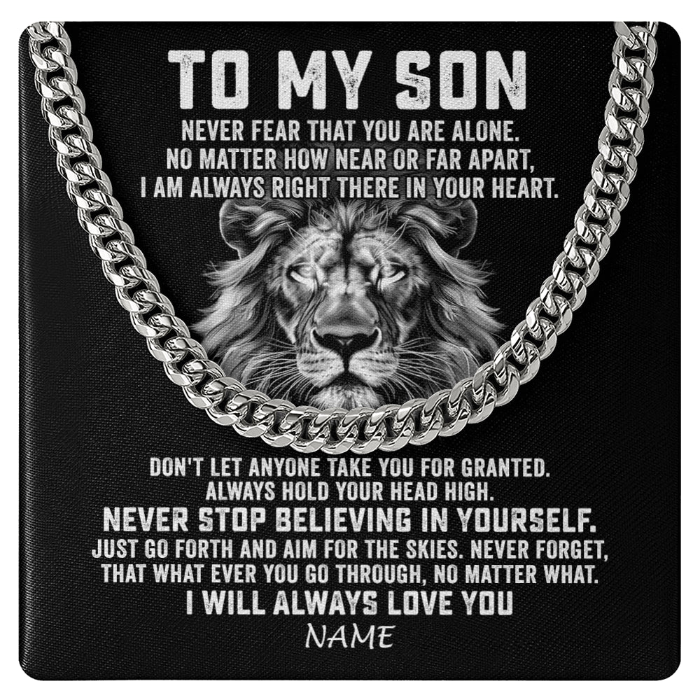 Cuban Link Chain Necklace Stainless Steel | 1 | Personalized To My Son Cuban Necklace From Mom Dad Mother Father Never Fear That You Are Alone Lion Son Birthday Christmas Customized Gift Box Message Card | siriusteestore