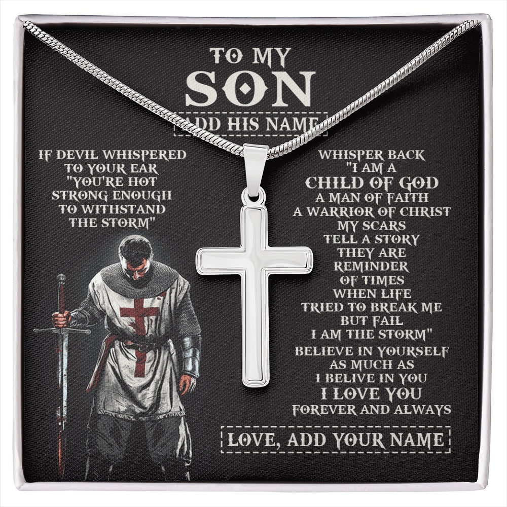 Stainless Cross Necklace Stainless Steel | 1 | Personalized To My Son From Dad Mom Necklace I Am The Storm Knight Templar Birthday Gifts For Son Christian Christmas Graduation Custom Gift Box Message Card | https://siriusteestore.