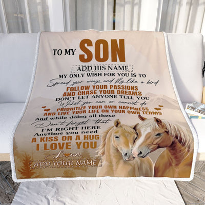Personalized To My Son Gifts Blanket From Mom Dad Mother Father Horse My Only Wish For You Son Birthday Gifts Graduation Christmas Fleece Throw Blanket | siriusteestore