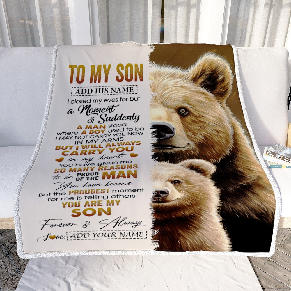 Personalized To My Son Gifts Blanket From Mom Dad Mother Father I Close My Eyes Bear Son Birthday Gifts Graduation Christmas Custom Fleece Throw Blanket | siriusteestore