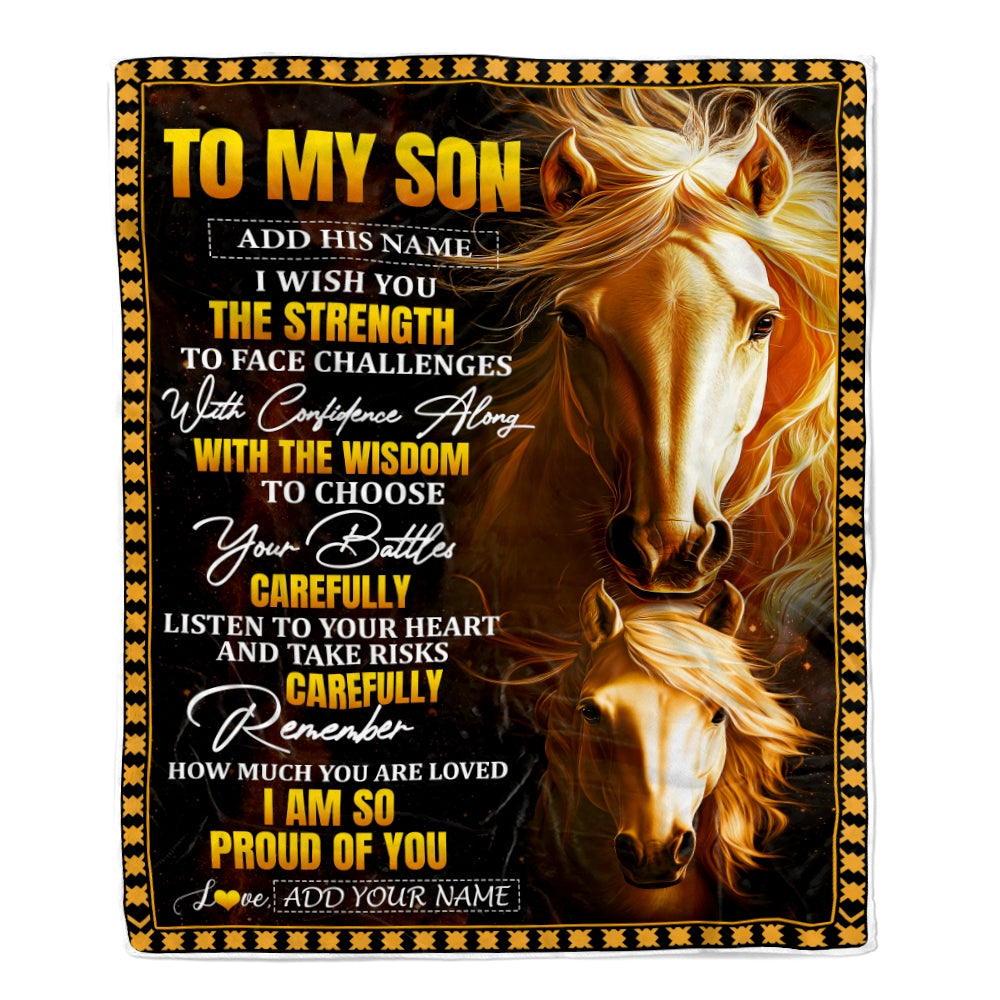 Personalized To My Son Gifts Blanket From Mom Dad Mother Father I Wish You The Strength Horse Son Birthday Gifts Christmas Graduation Custom Fleece Blanket | siriusteestore