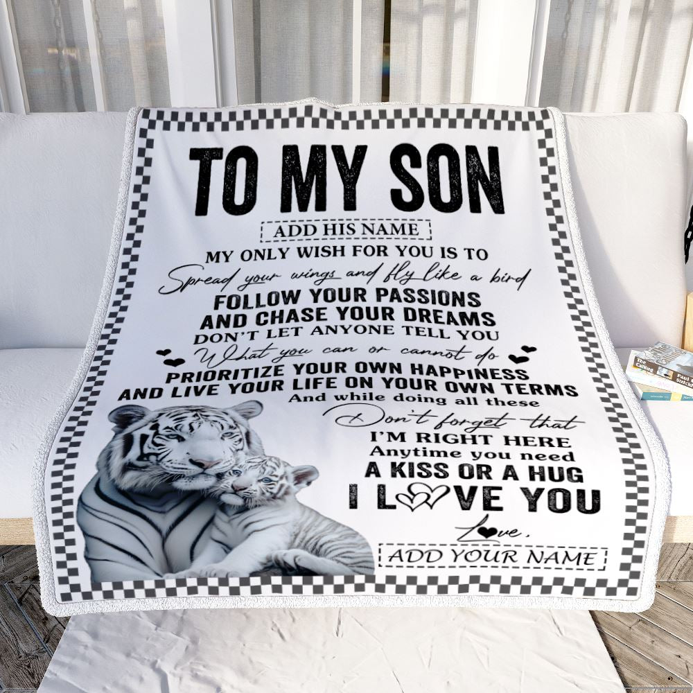 Personalized To My Son Gifts Blanket From Mom Dad Mother Father White Tiger My Only Wish For You Son Birthday Gifts Graduation Christmas Fleece Throw Blanket | siriusteestore