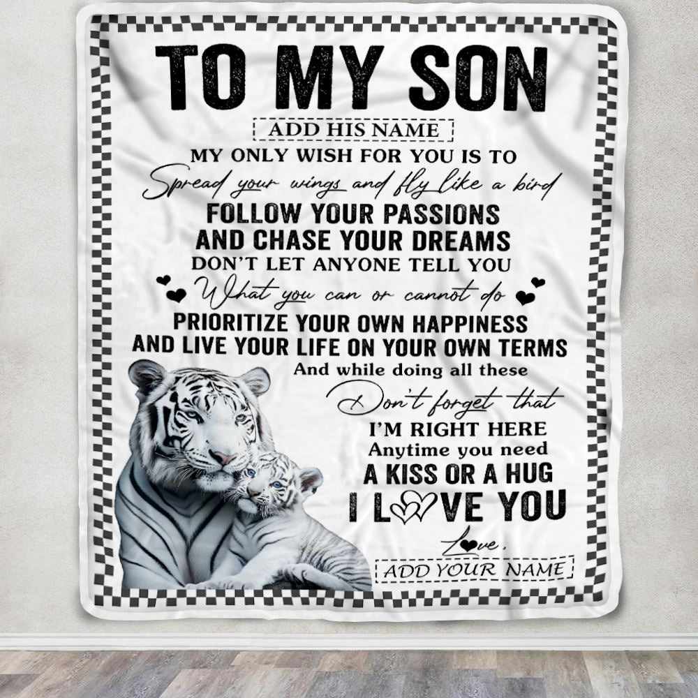 Personalized To My Son Gifts Blanket From Mom Dad Mother Father White Tiger My Only Wish For You Son Birthday Gifts Graduation Christmas Fleece Throw Blanket | siriusteestore
