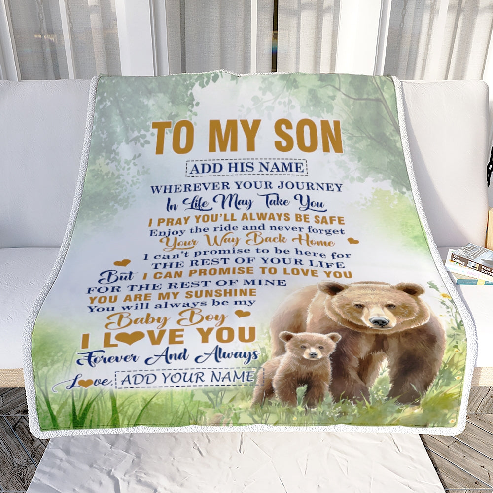 Personalized To My Son Gifts Blanket From Mom Dad Mother Wherever Your Journey In Life Bear Son Birthday Gifts Graduation Customized Fleece Throw Blanket | siriusteestore